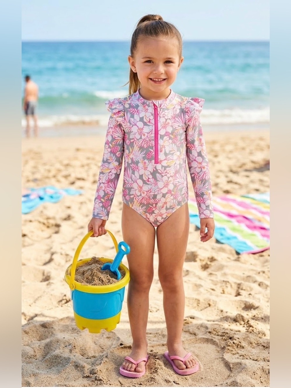 Little Girls wonder nation Pink & Gray Floral Long-Sleeve One-Piece Swimsuit
